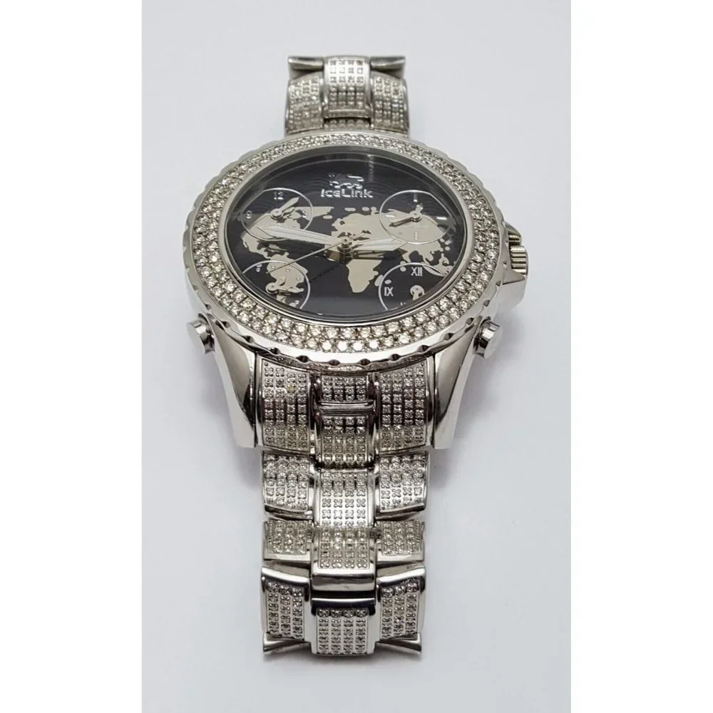 IceLink Marco Polo No. 1409 Black and Steel Watch w/Diamond Bezel and Strap 50mm